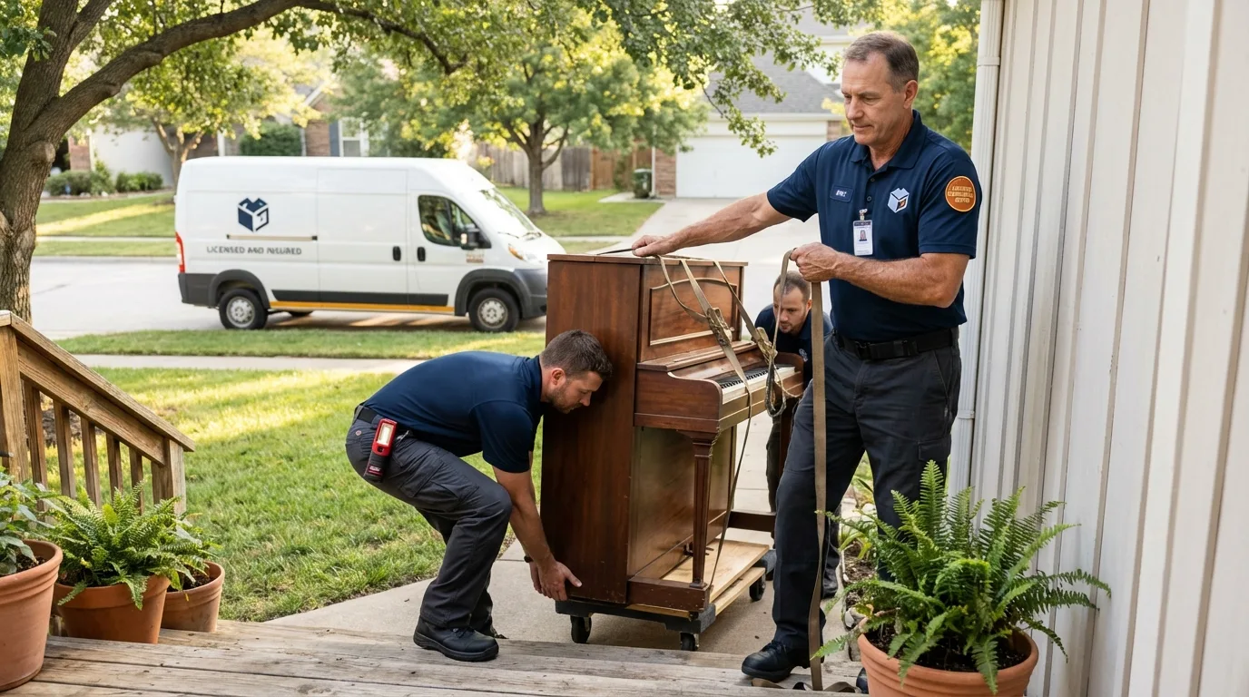 Licensed piano movers securing grand piano in Williston, VT