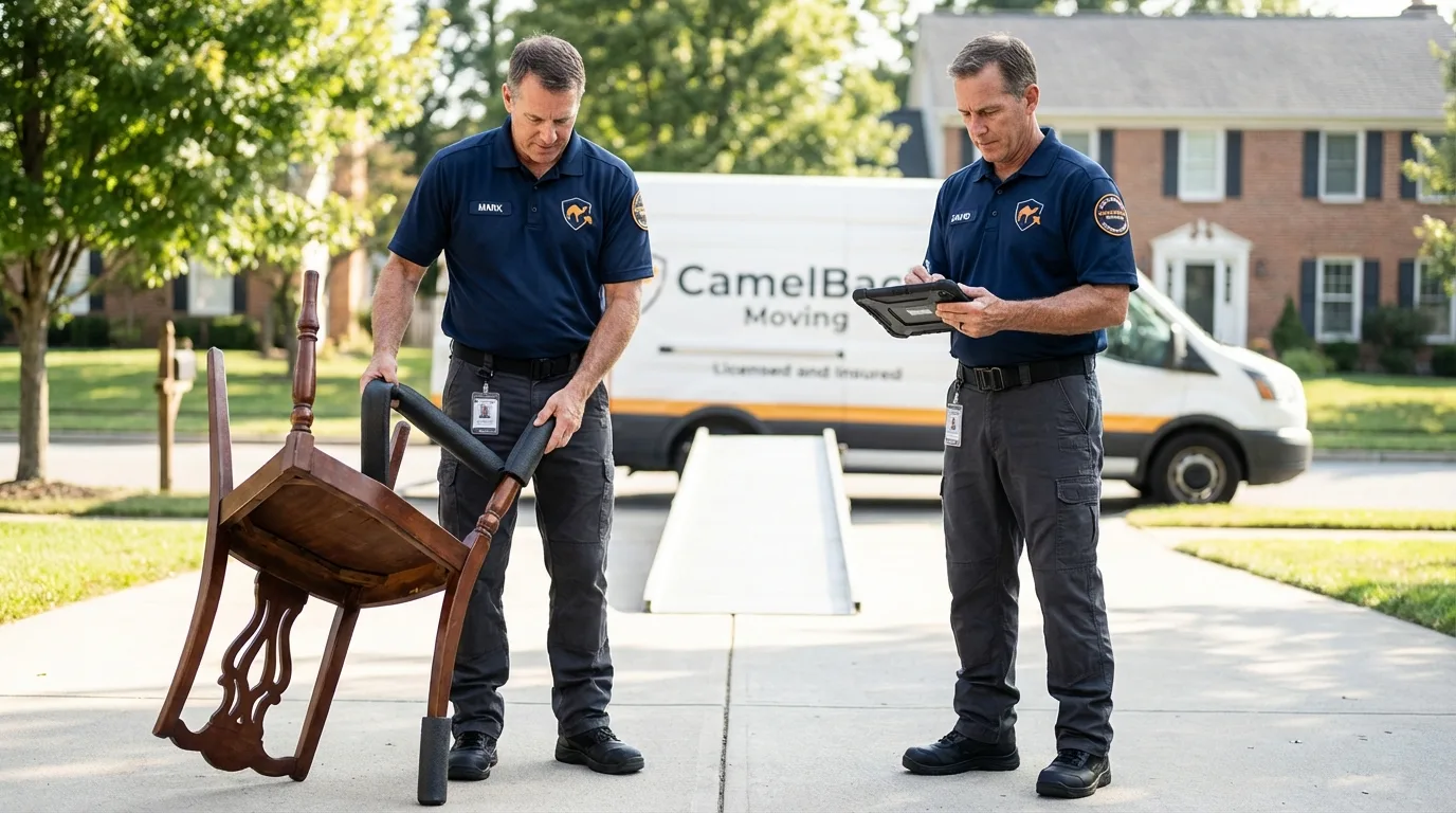Movers inspecting furniture for damage prevention before loading in Williston, VT