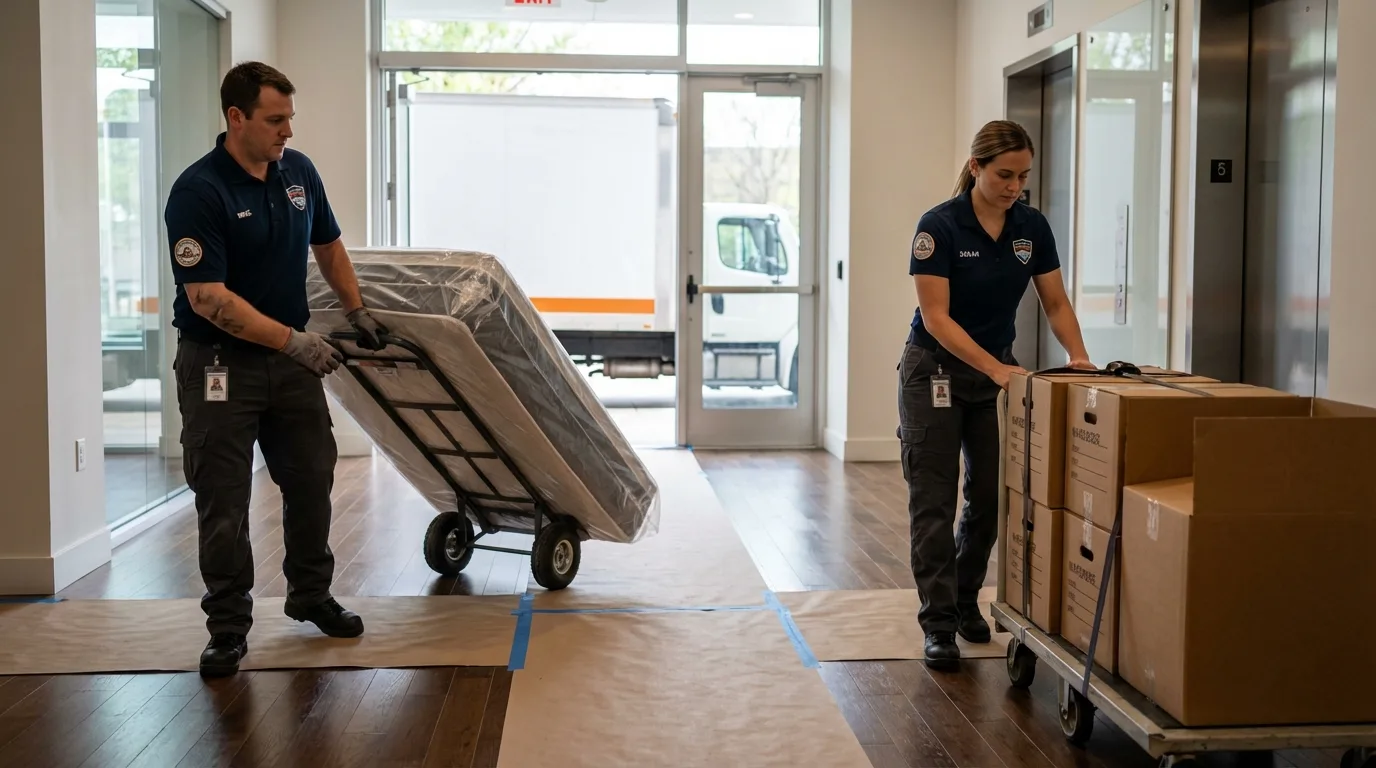 Professional apartment movers loading elevator in Williston, VT